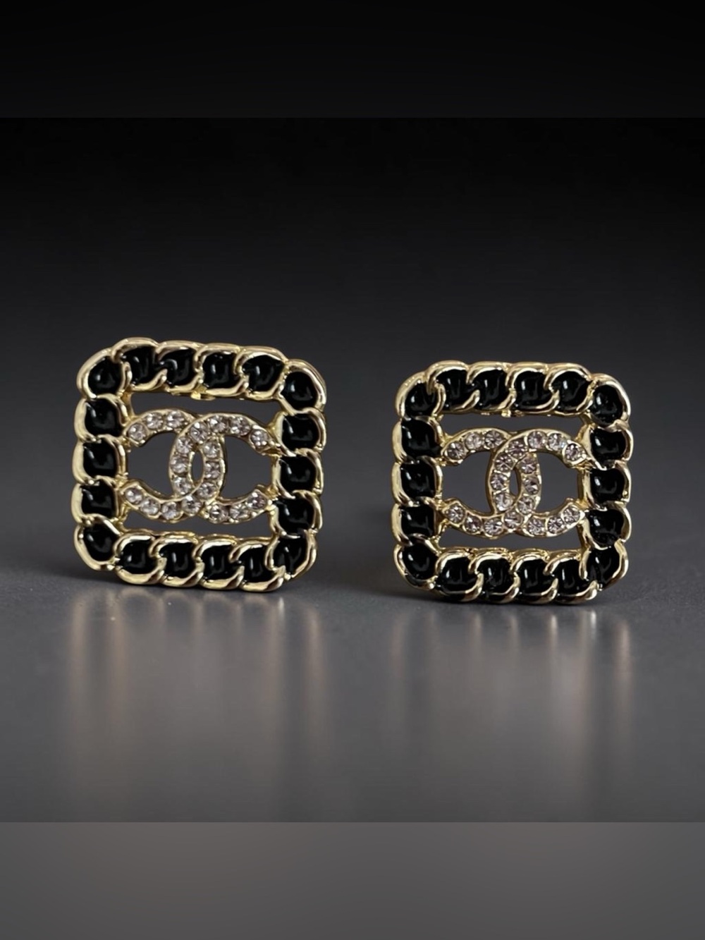 Gold Black Enamel CC Crystal Frame Stud Earrings